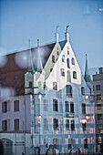 Reflection of the Munich Stadtmuseum in the window, St.-Jakob square, Munich, Upper Bavaria, Bavaria, Germany
