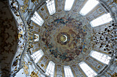 Ettal minster, Benedictine monastry, view at dome with fresco, painted by Johann Jakob Zeiller and Martin Knolle, Ettal, Bavaria, Germany, Europe