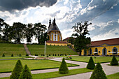 Garden of Neuzelle monastery under clouded sky, Cistercian monastery, near Eisenhüttenstadt, Niederlausitz, Brandenburg, Germany, Europe