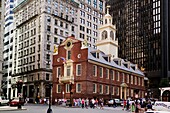 Old State House, the oldest surviving public building in Boston, was built in 1713 to house the government offices of the Massachusetts Bay Colony Boston MA on State Street at the site of the Boston Massacre