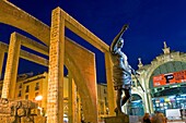 Zaragoza, Aragón, Spain:Statue of Cesar Augusto with four arches that symbolize the four cultures that have passed through the city