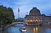 Museum Island Bode-Museum in river Spree with Fernsehturm Berlin Germany