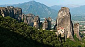 looking down on the monastery of Roussanou and the strange rock formations of the Meteora near Kalambaka, in Thessaly, central Greece