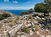 The remains of two Doric Greek temples at Ancient Aigila also known as ancient Kournos, or Kionia, on a high bluff on the eastern side of the Deep Mani, overlooking the coast near Nimfio, Southern Peloponnese, Greece