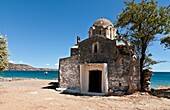 Agia Varvara byzantine church on the beach at Skoutari on the sunward, eastern, coast of the Deep Mani, Southern Peloponnese, Greece