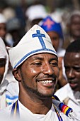groups of dancers and musicans are celebrating timkat Timkat ceremony of the ethiopian orthodox church in Addis Ababa timkat or Epiphany is the biggest church cerimony of the orthodox church Replicas of the tablets of stone of the ten commandments and