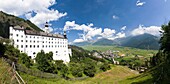 Panorama of Abbey Marienberg, Vinschgau Val Venosta overlooking valley vinschga val venosta and the village of burgeis bugusio close to pass reschen passo di resia Founded in the 12th century it was cultural center of the upper vinschgau Europe, Central