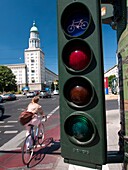 Bicycle traffic lights at Frankfurter Tor on Karl Marx Allee in former east Berlin in Germany