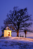 Illuminated chapel in front of cross and oak tree in winter, Chiemgau, Upper Bavaria, Bavaria, Germany, Europe