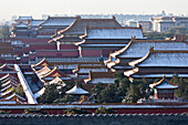 Früh am Morgen im Jingshan Park, Blick auf den Kaiserpalast vom Jingshan Hügel, Jingshan Park, Nordttor der Verbotenen Stadt, chinesische Architektur, Gugong, Weltkulturerbe, Peking, China