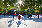 Morning sport in Jingshan Park, female dancers performing a rhythmic dancing, ribbon dance, exercise early in the morning, Beijing, People's Republic of China