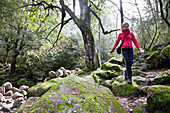 Young women hiking in the forest, Schlucht Gorges de Spelunca, Foret the Bonifatu, Circe de Bonifatu, Ota, Corsica, France