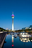 Television tower and Media Harbour at night, Düsseldorf, Duesseldorf, North Rhine-Westphalia, Germany, Europe