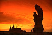 Charles Bridge statue and Saint Vitus Cathedral, Prague, Czech Republic