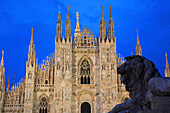 Piazza Duomo - cathedral and statue at night, Milan, Lombardy, Italy