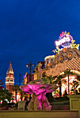 Harrahs and Venetian Hotel  behind illuminated fountain, Las Vegas, Nevada, USA