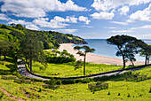Country road with view of beach and bay, Blackpool Sands, Devon, UK - England