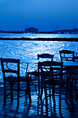Cyprus, Paphos, Castle & Harbour, Table & Chairs at sunset, Paphos, South Cyprus, Cyprus