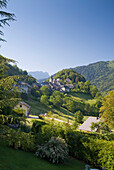 Alpine scenery with village of Le Chatelard, Bauges National Park, Rhone Alps, France