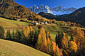 Santa Maddalena and Le Odle mountains in autumn, Val di Funes, Italian Dolomites, Italy