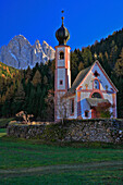 Church of St Johann in Ranui  with Le Odle mountains, Val di Funes, Italian Dolomites, Italy