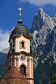 St Peter and Paul Church with Karwendel mountain, Mittenwald, Bavaria, Germany