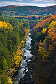 View over gorge and Ottauquechee River in autumn, Quechee Gorge, Vermont, USA