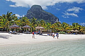 Beach and Le Morne Brabant mountain in the sunlight, Beachcomber Hotel Paradis &amp;amp;amp;amp;amp; Golf Club, Mauritius, Africa
