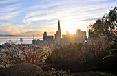Blick vom Russian Hill auf die Stadt bei Sonnenaufgang, San Francisco, Kalifornien, USA, Amerika