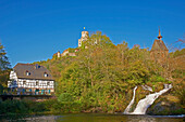 Pyrmont castle,  Mill, Chapel on bridge, Waterfall, Pond, Eifel, Rhineland-Palatinate, Germany, Europe