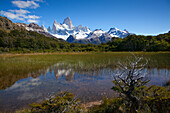 Mt. Fitz Roy reflecting in a little pond, Los Glaciares National Park, near El Chalten, Patagonia, Argentina