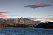 Morning light at Lago Moreno, view to the Llao Llao Hotel, Nahuel Huapi National park, near San Carlos de Bariloche, Rio Negro, Patagonia, Argentina