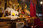 Tibetanischer Mönch vor goldenem Buddha in der Gebetshalle im Drepung Klosterkomplex bei Lhasa, autonomes Gebiet Tibet, Volksrepublik China