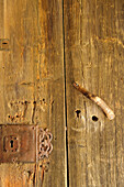 Old door lock at wooden door, Dreikirchen, Barbian, South Tyrol, Italy, Europe