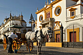 Pferdekutsche vor der Maestranza-Stierkampfarena, Sevilla, Andalusien, Spanien
