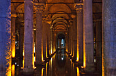 Interior view of the illuminated Yerebatan Cistern, Istanbul, Turkey, Europe