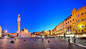 View over Piazza del Campo to Palazzo Pubblico with Torre del Mangia, Siena, Tuscany, Italy