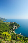 Dorf Corniglia auf Terrasse hoch über dem Mittelmeer, Corniglia, Cinque Terre, UNESCO Weltkulturerbe Cinque Terre, Mittelmeer, Ligurien, Italien