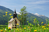 Chapel in meadow with flowers and mountains in background, valley of Gailtal, Carinthia, Austria, Europe