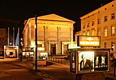 The illuminated Maxim Gorki Theatre at night, Mitte, Berlin, Germany, Europe