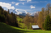 View towards the Wetterstein mountain range with Alpspitze, Zugspitze and Waxenstein, Wamberg, Werdenfelser Land, Upper Bavaria, Germany