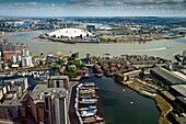 View of London skyline looking towards Poplar Wharf and Marina, O2 Arena, Thames Barrier, Excell Center and London City Airport, Canary Wharf, London, England, UK