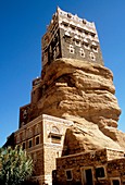 Asia, Yemen, Tarim, Dar al Hajar, the sultan palace is a splendid building built on a prominent rock of the valley of Wadi Dhahr, it became the symbol of the country
