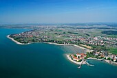Aerial view from an airship dirigible Zeppelin NT of Constance lake (Bodensee) coastline near Wasserburg, Bavaria, Germany
