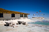 Bolivia, Southern Altiplano, Salar de Uyuni Building and seating constructed of salt, located on the Salar de Uyuni salt flat