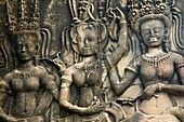 Cambodia, Angkor, Angkor Wat Close up details of Angkor relief art on the walls of the dramatic remains of Angkor Wat