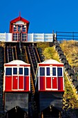 England, Cleveland, Saltburn-by-the-Sea View looking towards the top of the funicular railway, one of the world's oldest water-powered cliff lifts, from the station near the pier