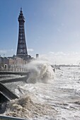 High tide and gale force winds hit Blackpool, England