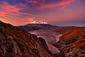 Autumn sunrise over Mt St Helens volcano which erupted in 1980, and created almost moon like landscape to which life is slowly finding it's way back