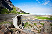 Wood drop toilet at Bunes beach, Moskenesoy, Lofoten islands, Norway